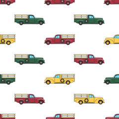 Pickup truck vintage. Pattern with retro pickup truck. Vector doodle illustration