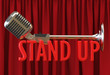 microphone red curtain backdrop text stand up