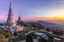 Noppamethanedol And Noppapol Phumsiri Pagoda And Picturesque Sunset Sky. Doi Inthanon National Park, Thailand
