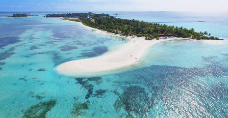 Wall Mural - Panoramic landscape seascape aerial view over a Maldives Male Atoll islands. White sandy beach seen from above.