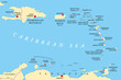 Lesser Antilles political map. The Caribbees with Haiti, the Dominican Republic and Puerto Rico in the Caribbean Sea. With capitals and national borders. English labeling. Illustration. Vector.