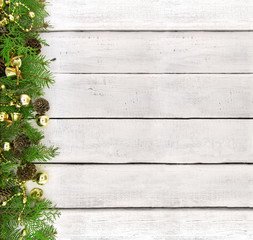 Wall Mural - Frame from decorated Christmas tree on white rustic wooden backg