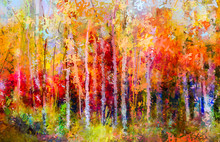 Oil Painting Landscape, Colorful Autumn Trees. Semi Abstract Paintings Image Of Forest, Aspen Tree With Yellow, Red Leaf. Fall Season Nature Background. Hand Painted Impressionist, Outdoor Landscape