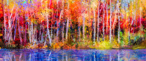 oil painting colorful autumn trees. semi abstract image of forest, aspen trees with yellow - red lea