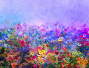 Abstract colorful oil painting purple cosmos flower, daisy, wildflower in field. Yellow and red wildflowers at meadow with blue sky. Spring, summer season nature background.