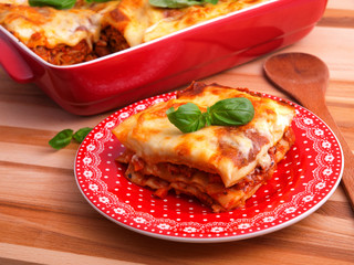 Canvas Print - Lasagna Bolognese - classic italian pasta recipe. Shot from abov