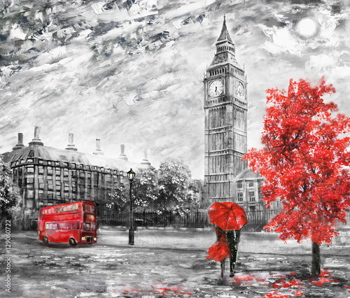 Naklejka na drzwi oil painting on canvas, street view of london. Artwork. Big ben. man and woman under a red umbrella, bus and road. Tree. England