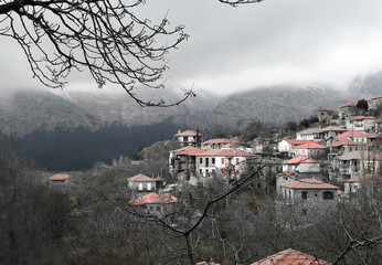 Wintry scenery .View of Xrisovitsi village in Arcadia, Greece