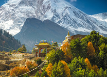 Himalayas Mountain Landscape. Buddhist Monastery And Manaslu Mount In Himalayas, Nepal. View From Manaslu Circuit Trek