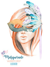 Masquerade Theme Illustration Of Female Image Masked In Venetian Style, Hand Drawn Isolated On A White Background
