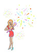 © emieldelange - Kleurige lijntekening van meisje met confetti kanon