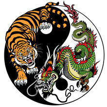 Dragon And Tiger Yin Yang Symbol Of Harmony And Balance. Vector Illustration