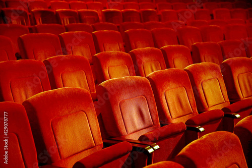 Interiors Empty Reddish Cinema Chairs Seats In Low Key Indoors