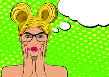 Pop Art Surprised Blond Woman Face. Comic Wooman With Speech Bubble. Vector Illustration.
