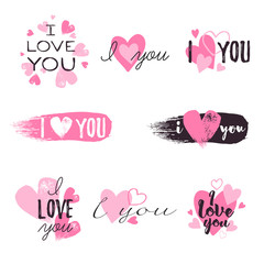 I love you message and heart icons badges set.