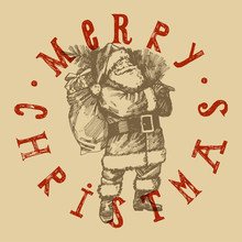 Retro Christmas Label. Santa Claus Etching Style Lettering Stamp.