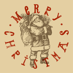 retro christmas label. santa claus etching style lettering stamp.