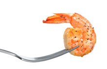 Cooked Shrimp,prawn On Fork Isolated On White Background