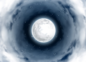 mystical night sky. vortex of clouds around the full moon. moonlight. realistic. shining stars on da