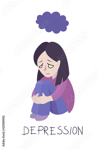 Vector cartoon woman sitting under purple cloud depression illustration ...