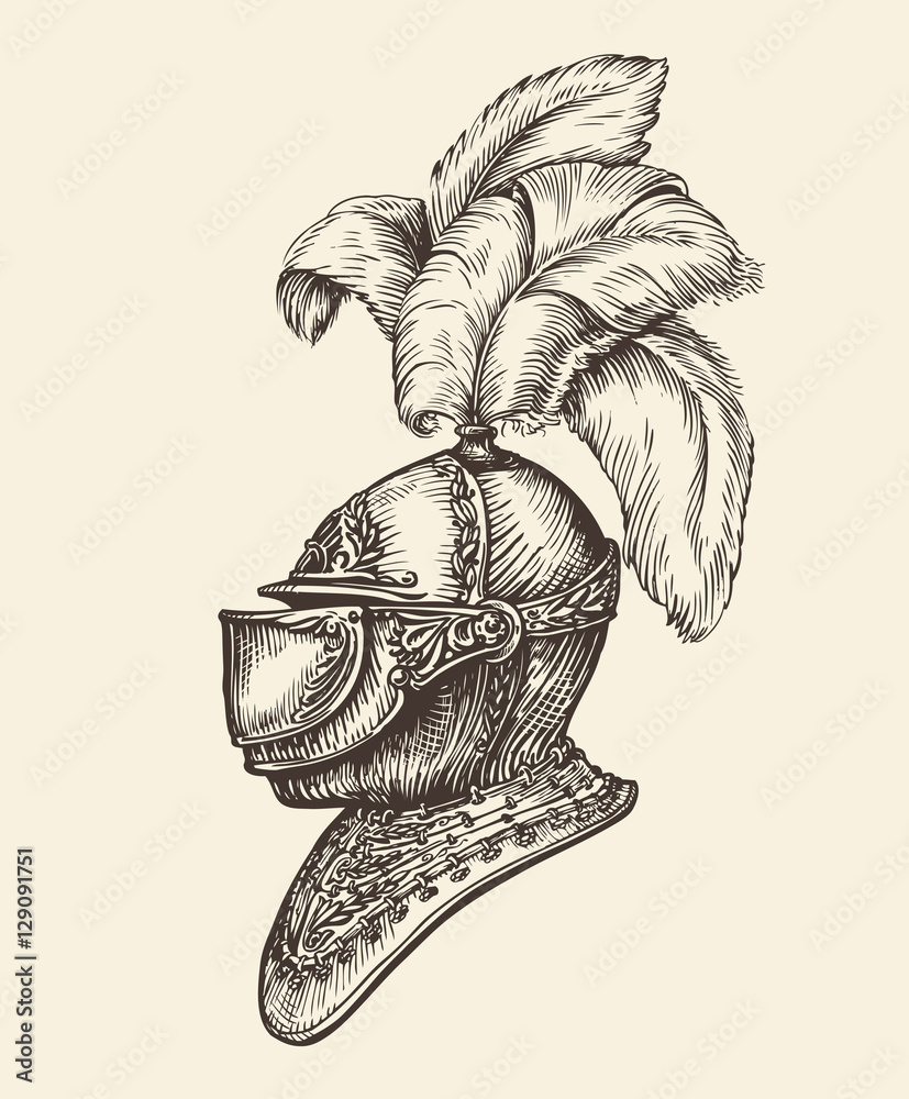 Medieval knight helmet. Vintage sketch, vector illustration - obrazy, fototapety, plakaty 