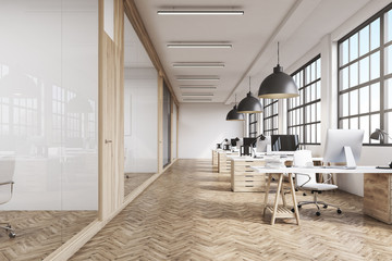 Poster - Front view of an office interior with massive ceiling lamps