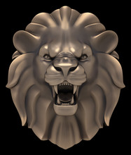 Lion's Head. Artistic Sculpture Of A Lion Head, Isolated On Black Background. 3D Rendered Image.