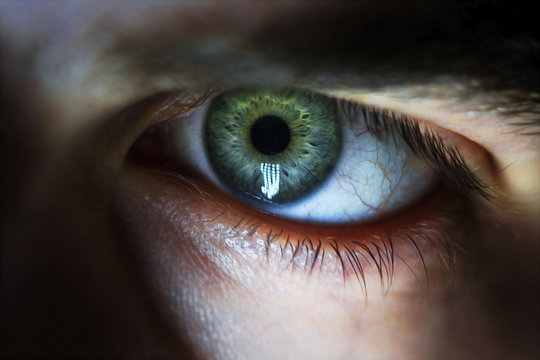 Fototapete - man macro green eyes from lack of sleep veins