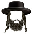 black  hair sidelocks with beard . mask wig jew hassid in hat 