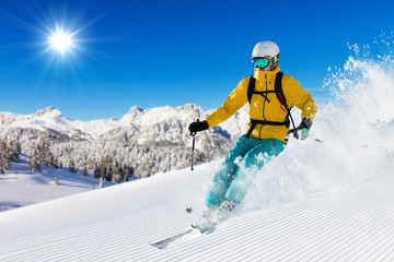 Poster - Skier on piste running downhill