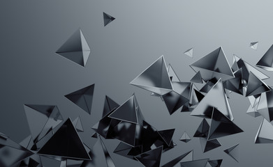 Poster - Abstract 3d rendering of chaotic low poly shapes. Flying polygonal pyramids in empty space. Futuristic background. Poster design.