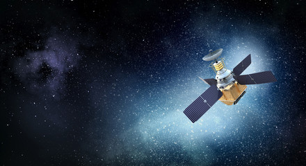 satellite in space . mixed media