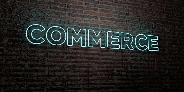 COMMERCE -Realistic Neon Sign on Brick Wall background - 3D rendered royalty free stock image. Can be used for online banner ads and direct mailers..