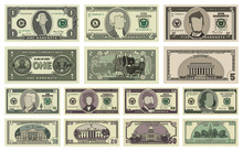 Vector Cartoon Dollar Banknotes Isolated On White Background Illustration. Every Denomination Of US Currency Note. Back Sides Of Money Bills