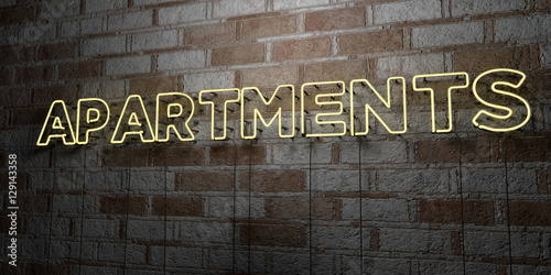 Apartments Glowing Neon Sign On Stonework Wall 3d Rendered