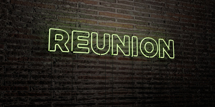 REUNION -Realistic Neon Sign on Brick Wall background - 3D rendered royalty free stock image. Can be used for online banner ads and direct mailers..