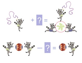 Magic math with cute raccoons. Educational game for children. Cartoon illustration of mathematical addition and subtraction