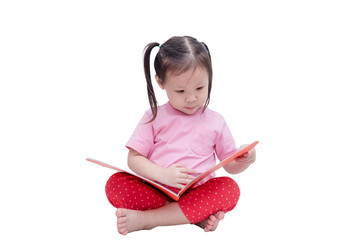 Wall Mural - Little asian girl reading book over white background