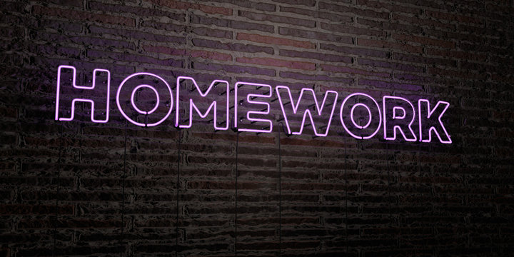 HOMEWORK -Realistic Neon Sign on Brick Wall background - 3D rendered royalty free stock image. Can be used for online banner ads and direct mailers..