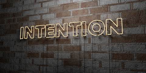 Wall Mural - intention - glowing neon sign on stonework wall - 3d rendered royalty free stock illustration. can b