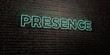 PRESENCE -Realistic Neon Sign on Brick Wall background - 3D rendered royalty free stock image. Can be used for online banner ads and direct mailers..
