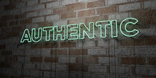 AUTHENTIC - Glowing Neon Sign On Stonework Wall - 3D Rendered Royalty Free Stock Illustration.  Can Be Used For Online Banner Ads And Direct Mailers..