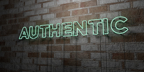 Fototapete - AUTHENTIC - Glowing Neon Sign on stonework wall - 3D rendered royalty free stock illustration.  Can be used for online banner ads and direct mailers..