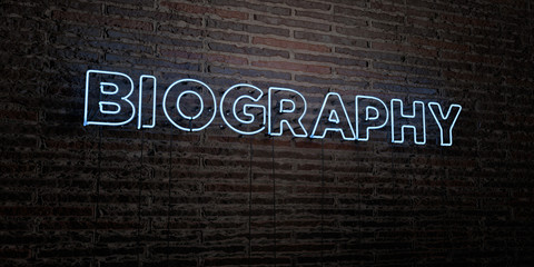 BIOGRAPHY -Realistic Neon Sign on Brick Wall background - 3D rendered royalty free stock image. Can be used for online banner ads and direct mailers..