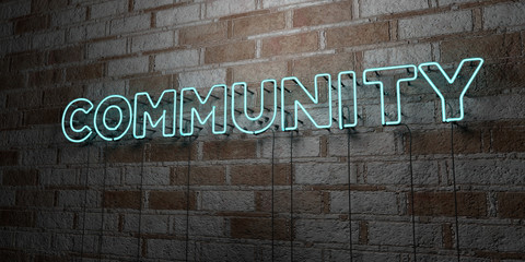 Wall Mural - community - glowing neon sign on stonework wall - 3d rendered royalty free stock illustration. can b