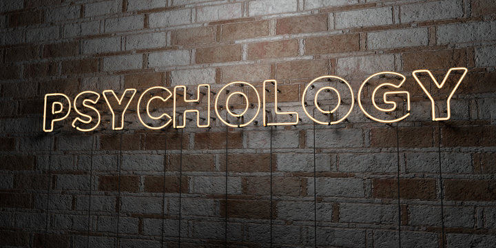 PSYCHOLOGY - Glowing Neon Sign on stonework wall - 3D rendered royalty free stock illustration.  Can be used for online banner ads and direct mailers..