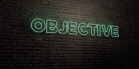 OBJECTIVE -Realistic Neon Sign on Brick Wall background - 3D rendered royalty free stock image. Can be used for online banner ads and direct mailers..