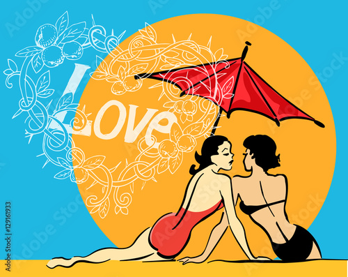 Fototapeta na wymiar Design vector template with two gossip girls, sun, umbrella. Love doodle.