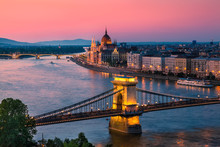 Panorama Of Budapest, Hungary, With The Chain Bridge And The Parliament