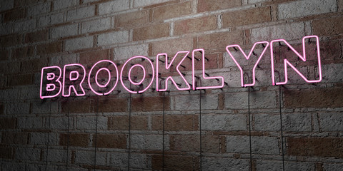 Wall Mural - brooklyn - glowing neon sign on stonework wall - 3d rendered royalty free stock illustration. can be